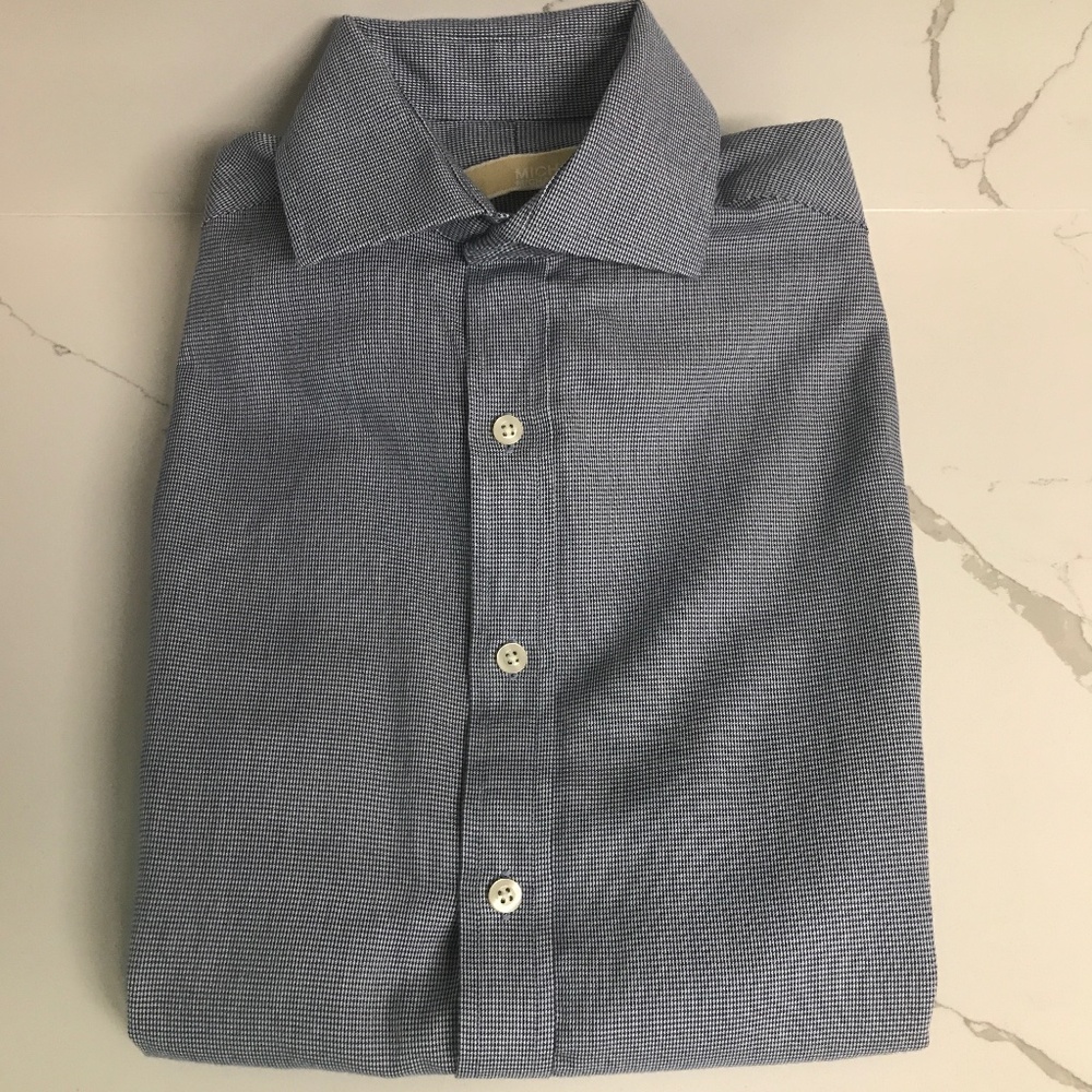 Michael Kors Dress Shirt 14 1/2 Navy Herringbone 💯 % Cotton Long Sleeve Slim